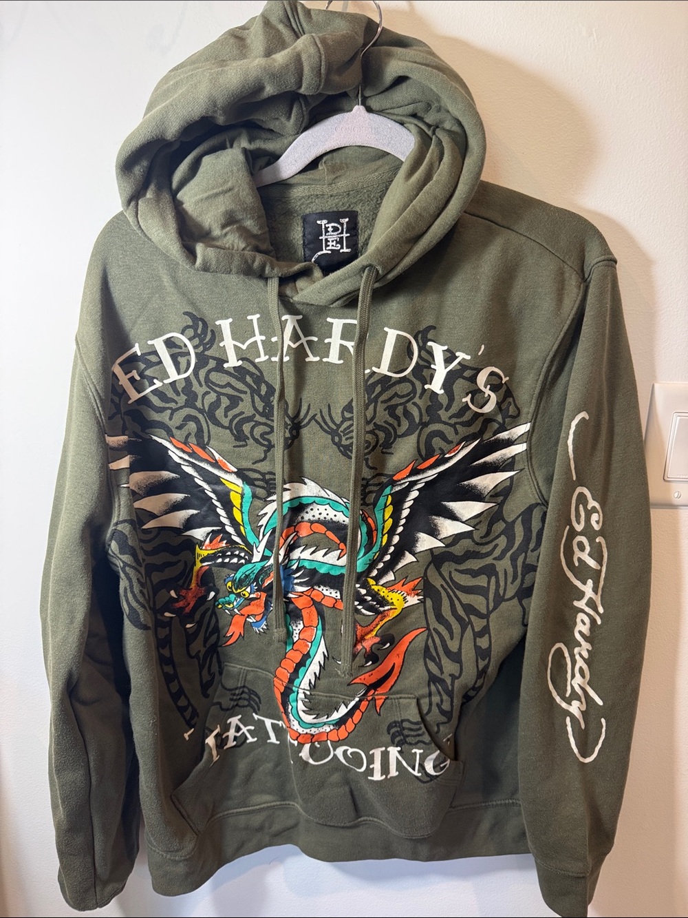 Ed Hardy Men's Olive Green Crewneck Hoodie with Multicolor Dragon Graphic